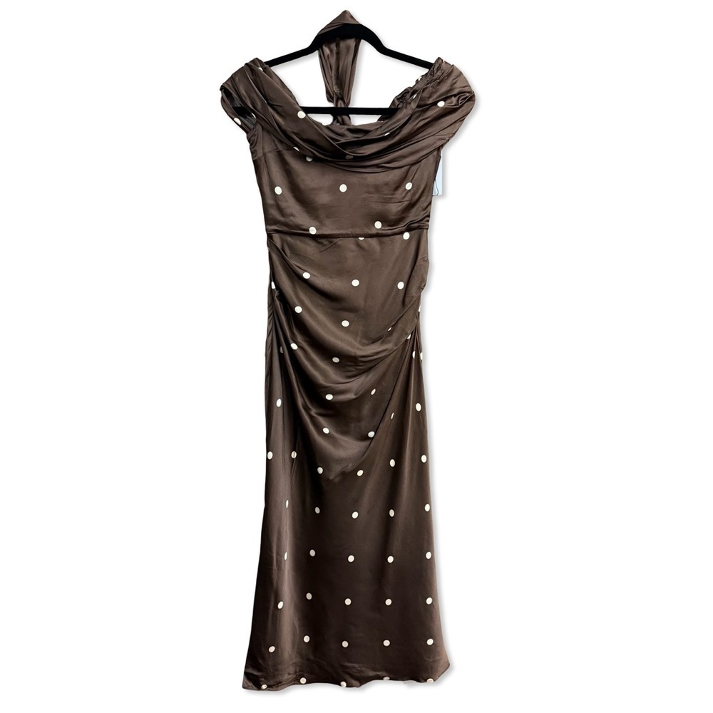 LPA Luisa Midi Dress Brown & CreamPolka Dot satin Revolve NWT XS - Picture 5 of 11